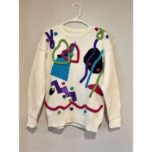 Vintage 80s/90s Gitano Abstract 3D Appliqué Sweater Size M Colorful Memphis Art